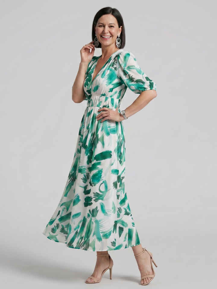 Candlia | Robe Midi à Manches Bouffantes et Imprimé Abstrait