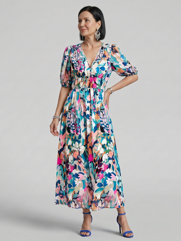 Candlia | Robe Midi à Manches Bouffantes et Imprimé Abstrait