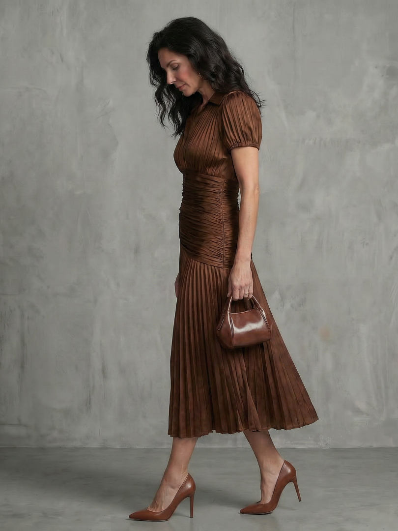 Theodora | Robe Midi Rayée avec Taille Plissée