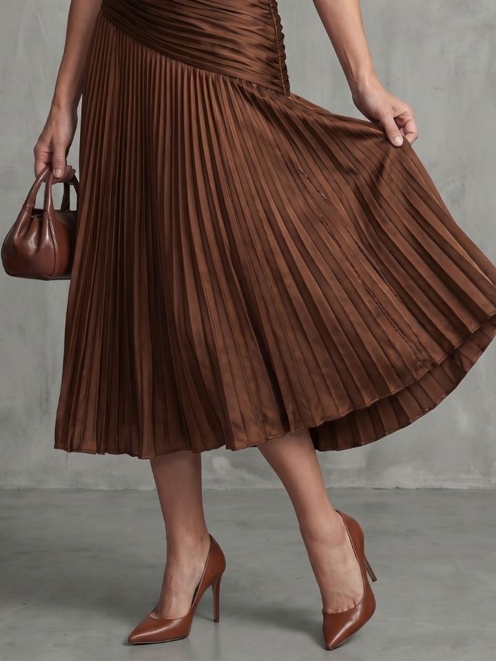 Theodora | Robe Midi Rayée avec Taille Plissée