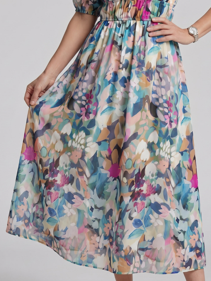 Candlia | Robe Midi à Manches Bouffantes et Imprimé Abstrait