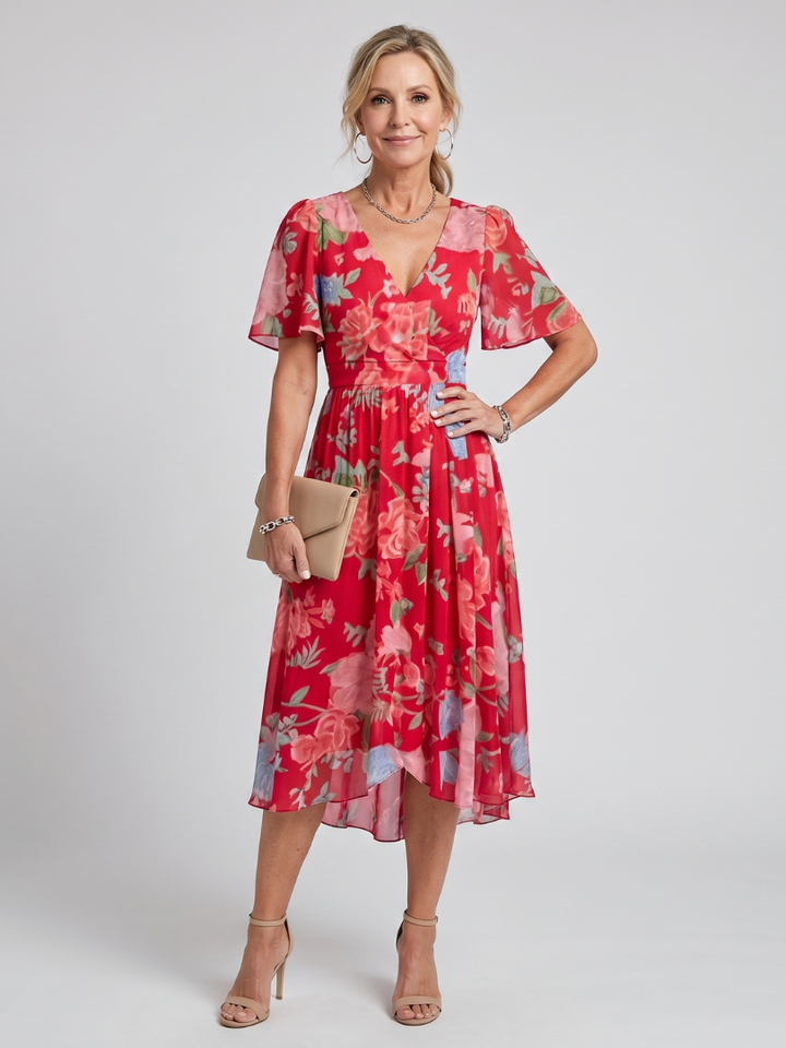 Mirabel | Robe midi à manches volantées et taille froncée avec imprimé floral