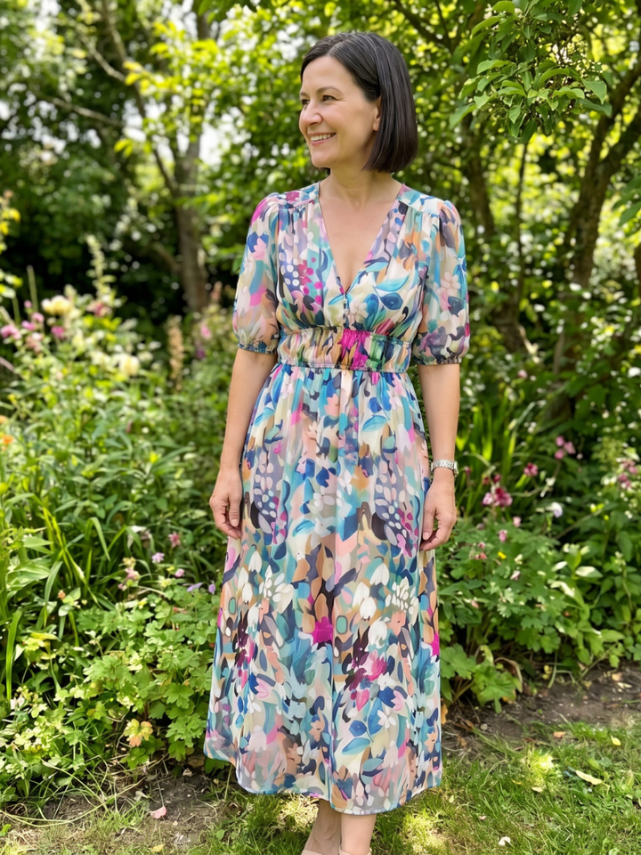 Candlia | Robe Midi à Manches Bouffantes et Imprimé Abstrait