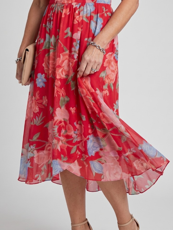 Mirabel | Robe midi à manches volantées et taille froncée avec imprimé floral