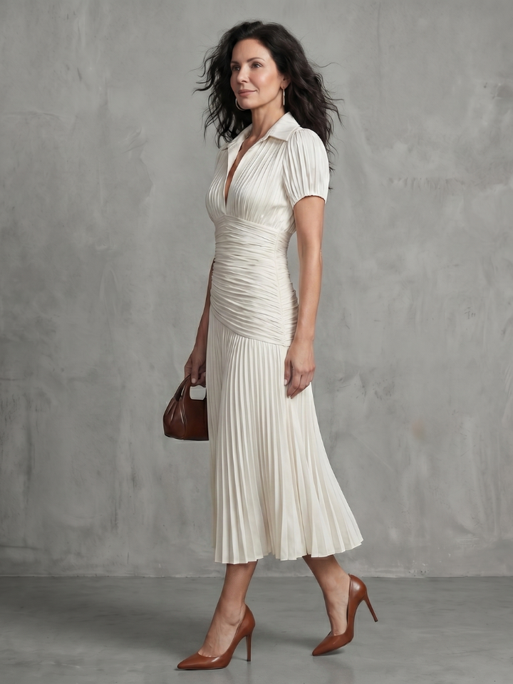 Theodora | Robe Midi Rayée avec Taille Plissée
