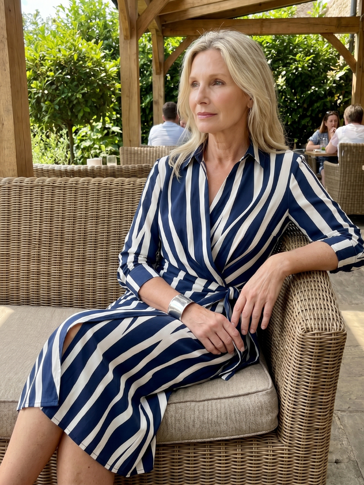 Leya | Robe midi à manches longues avec col et motif rayé