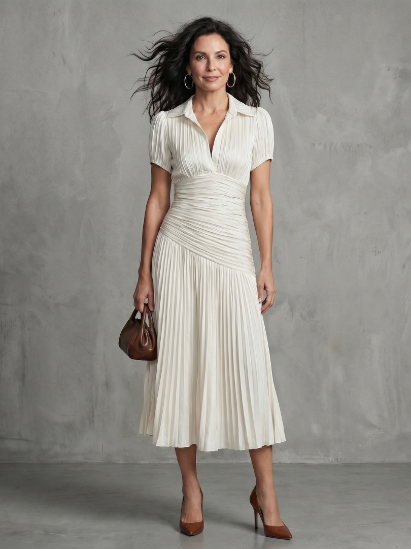 Theodora | Robe Midi Rayée avec Taille Plissée