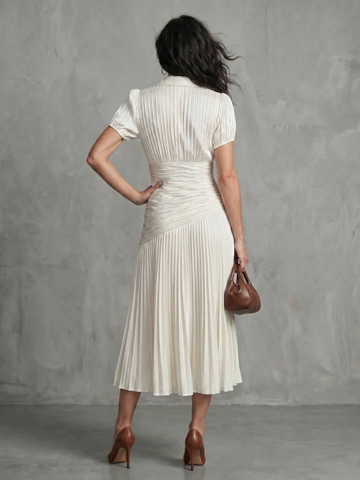 Theodora | Robe Midi Rayée avec Taille Plissée