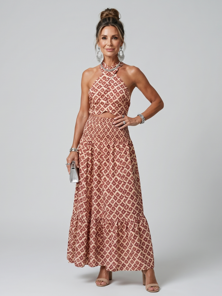 Amira | Robe Midi à Découpe en Imprimé Géométrique avec Col Croisé