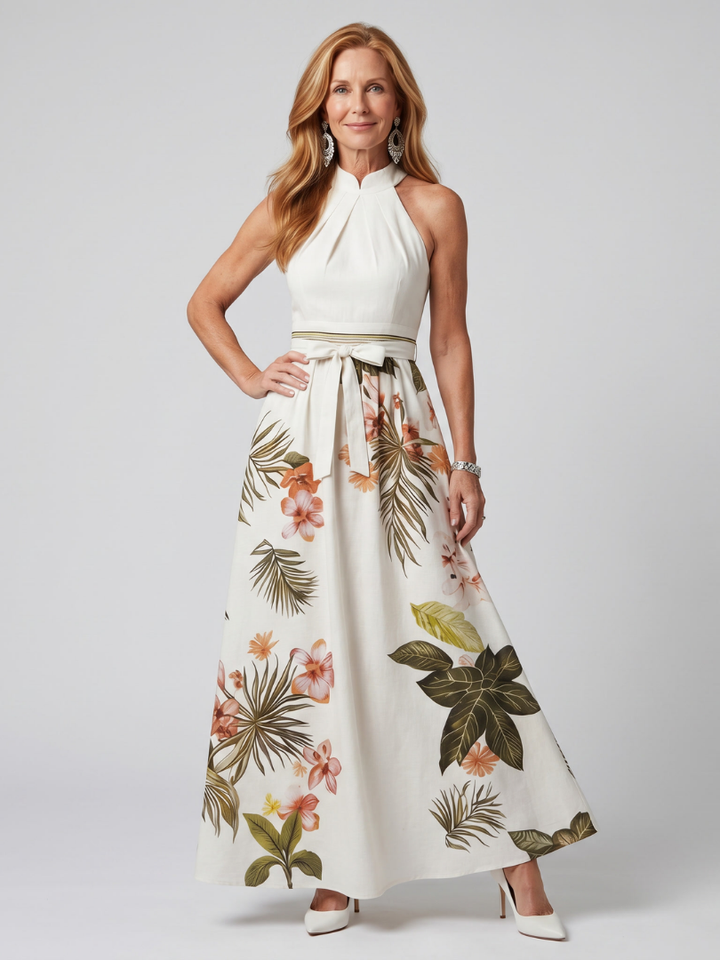 Meadow | Robe Maxi à Panneaux Botaniques à Col Halter Drapé