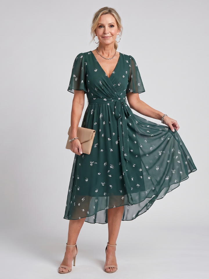 Mirabel | Robe midi à manches volantées et taille froncée avec imprimé floral