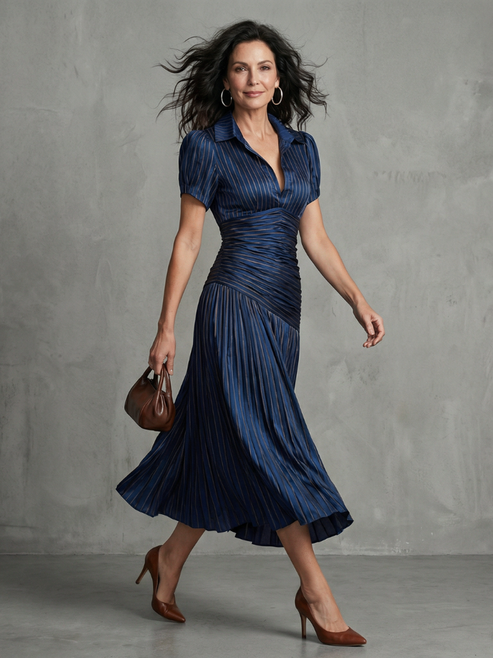 Theodora | Robe Midi Rayée avec Taille Plissée