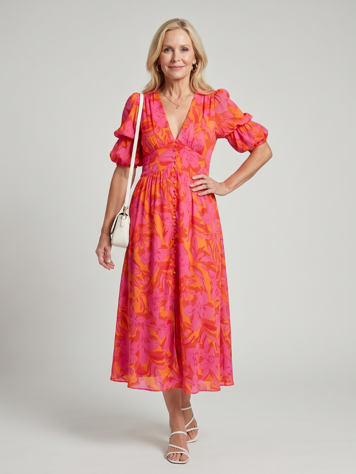 Zarelle | Robe Midi à Imprimé Floral Audacieux avec Manches Bouffantes en V