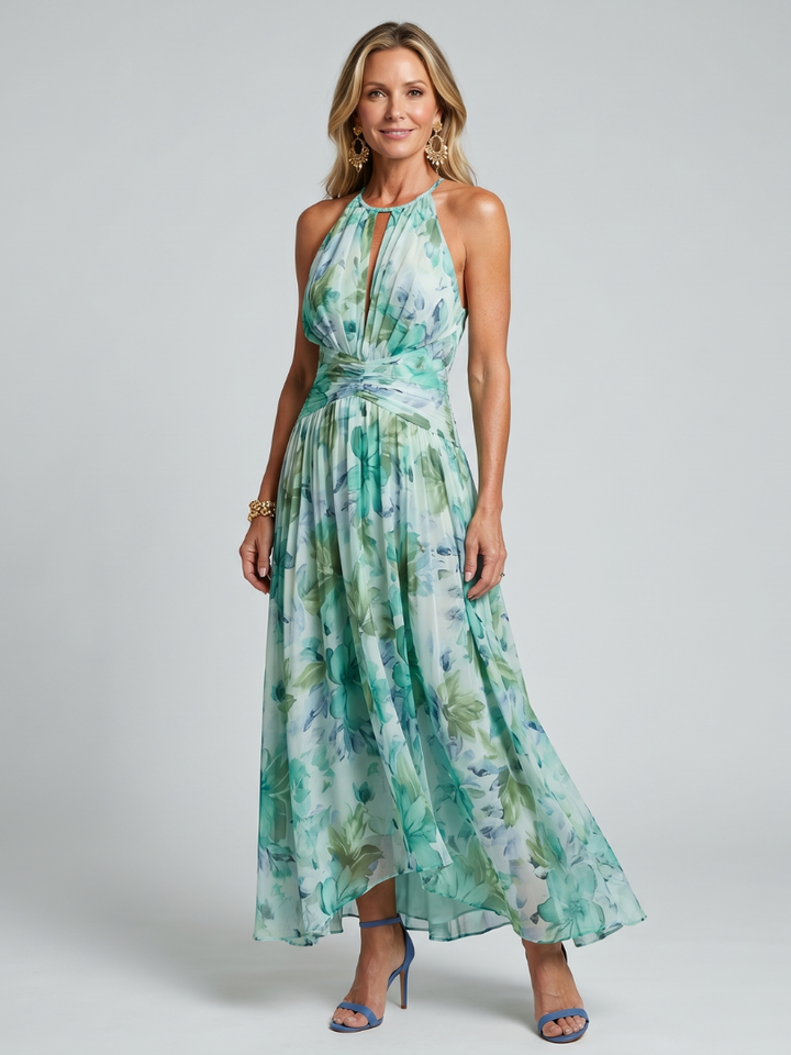 Portia | Robe Midi à Col Halter avec Motif Floral Plissé