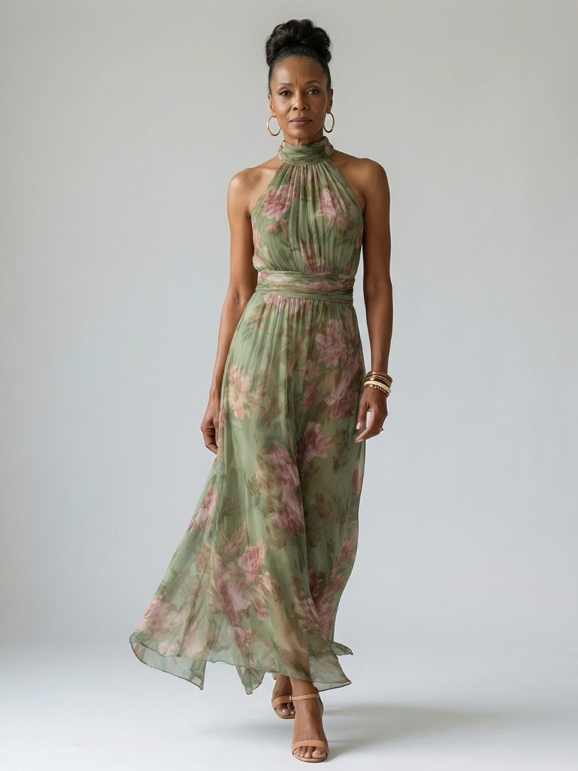 Mireille | Robe Midi à Col Halter Froncée