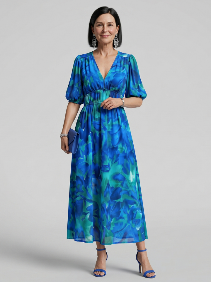 Candlia | Robe Midi à Manches Bouffantes et Imprimé Abstrait