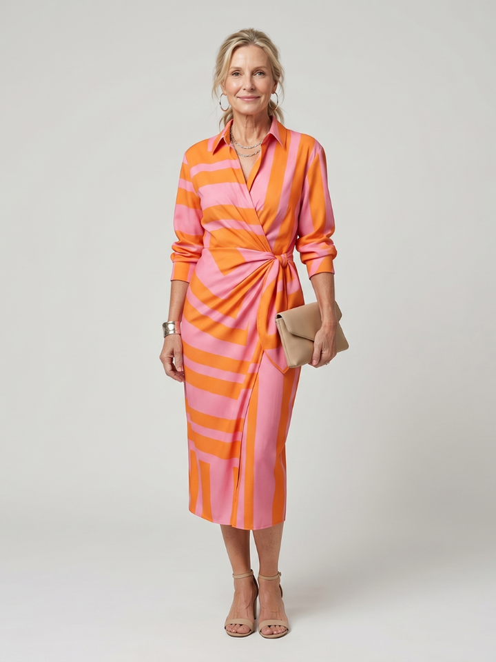 Leya | Robe midi à manches longues avec col et motif rayé