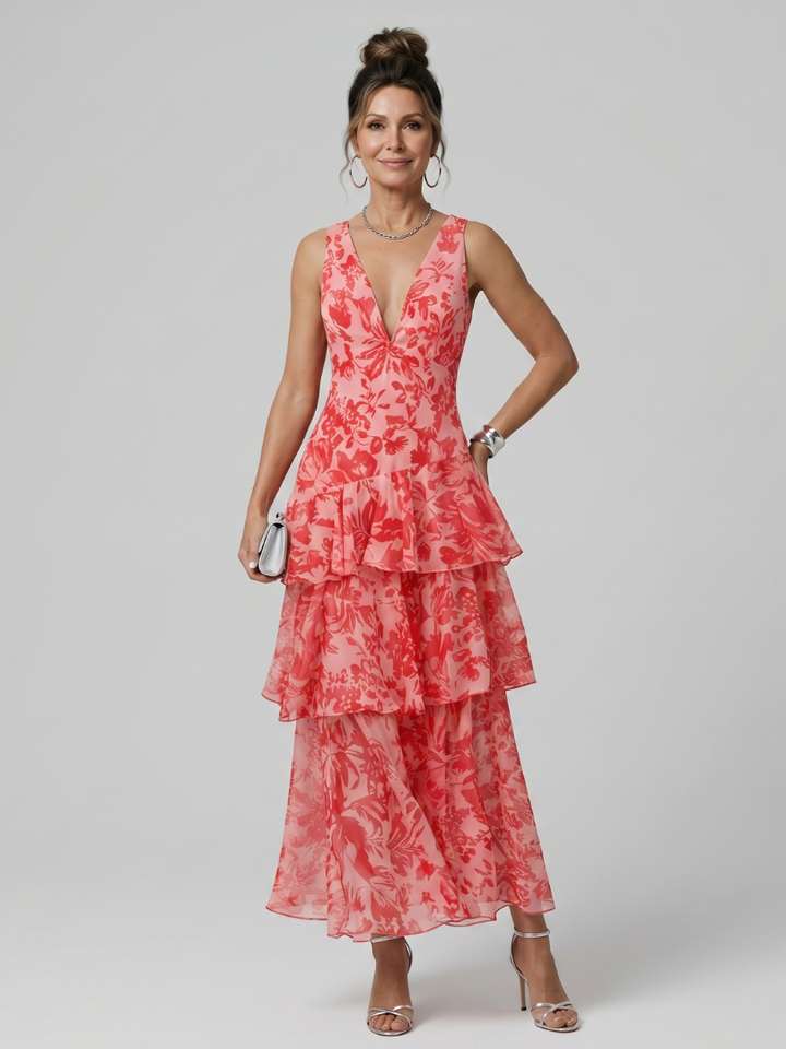 Gala | Robe Midi sans Manches à Décolleté en V Profond avec Motif Peint