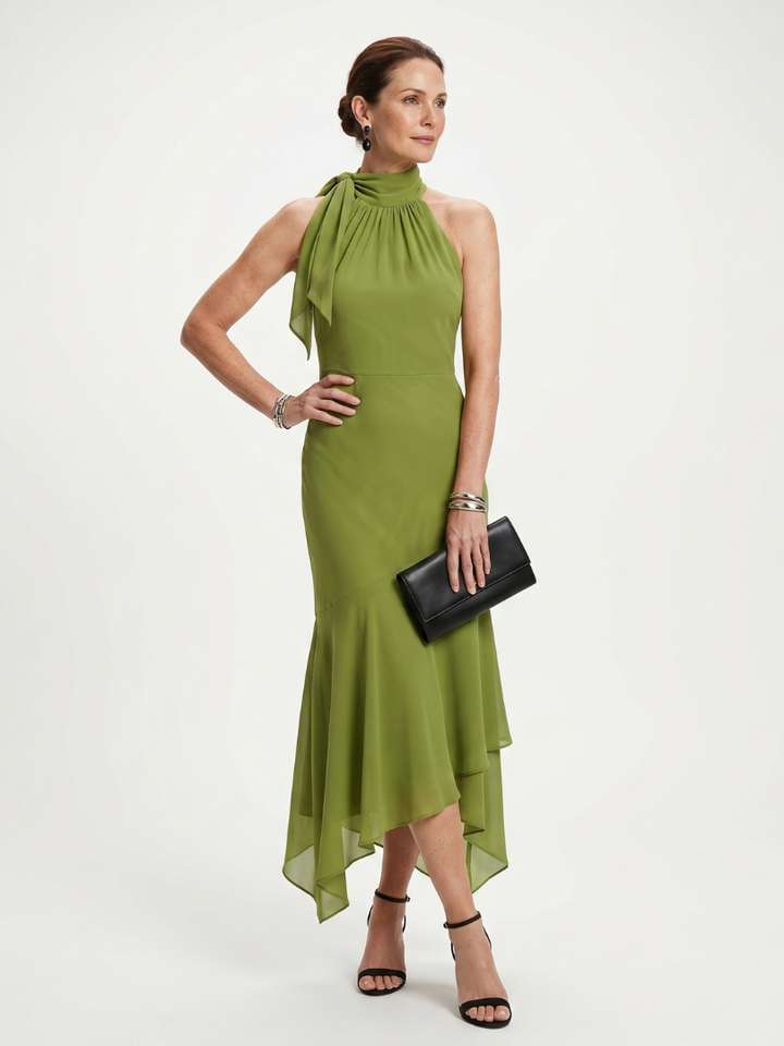 Winifred | Robe Midi Halter Drapée avec Ouverture Clé