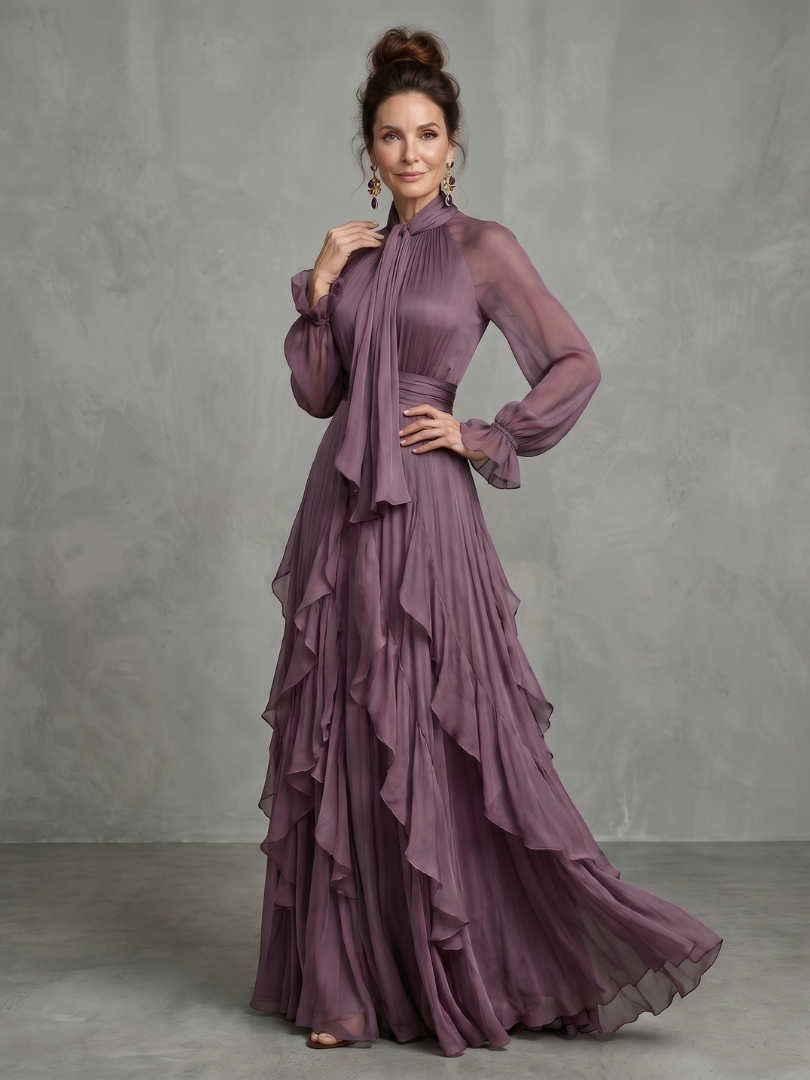 Demetria | Robe Maxi à Col Nœud et Volants