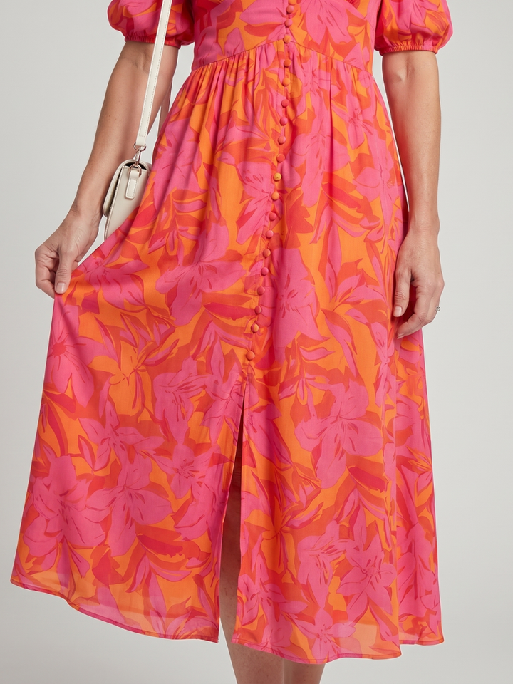 Zarelle | Robe Midi à Imprimé Floral Audacieux avec Manches Bouffantes en V