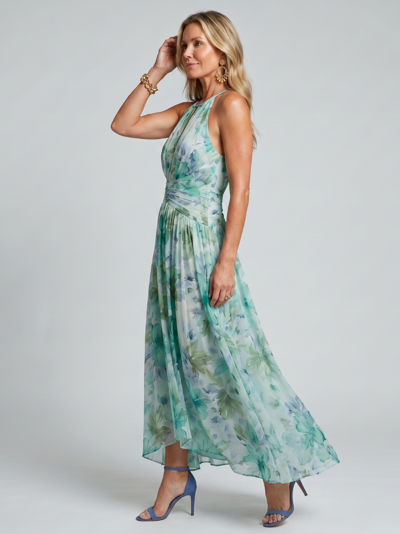 Portia | Robe Midi à Col Halter avec Motif Floral Plissé