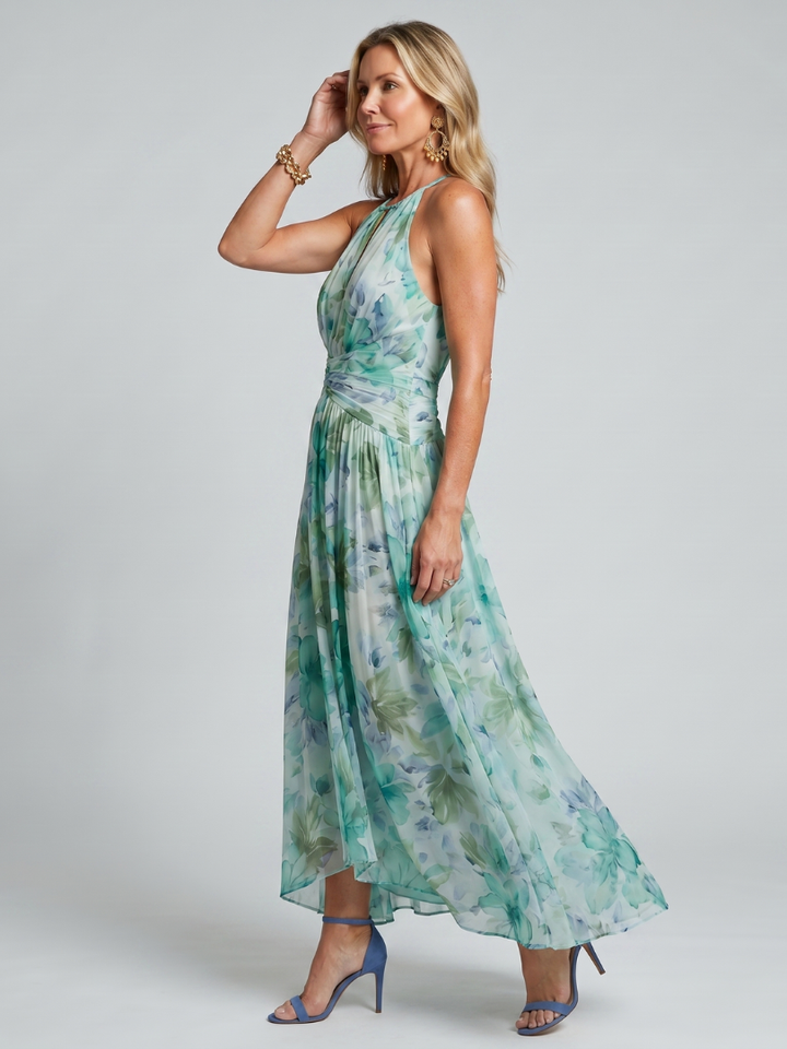 Portia | Robe Midi à Col Halter avec Motif Floral Plissé