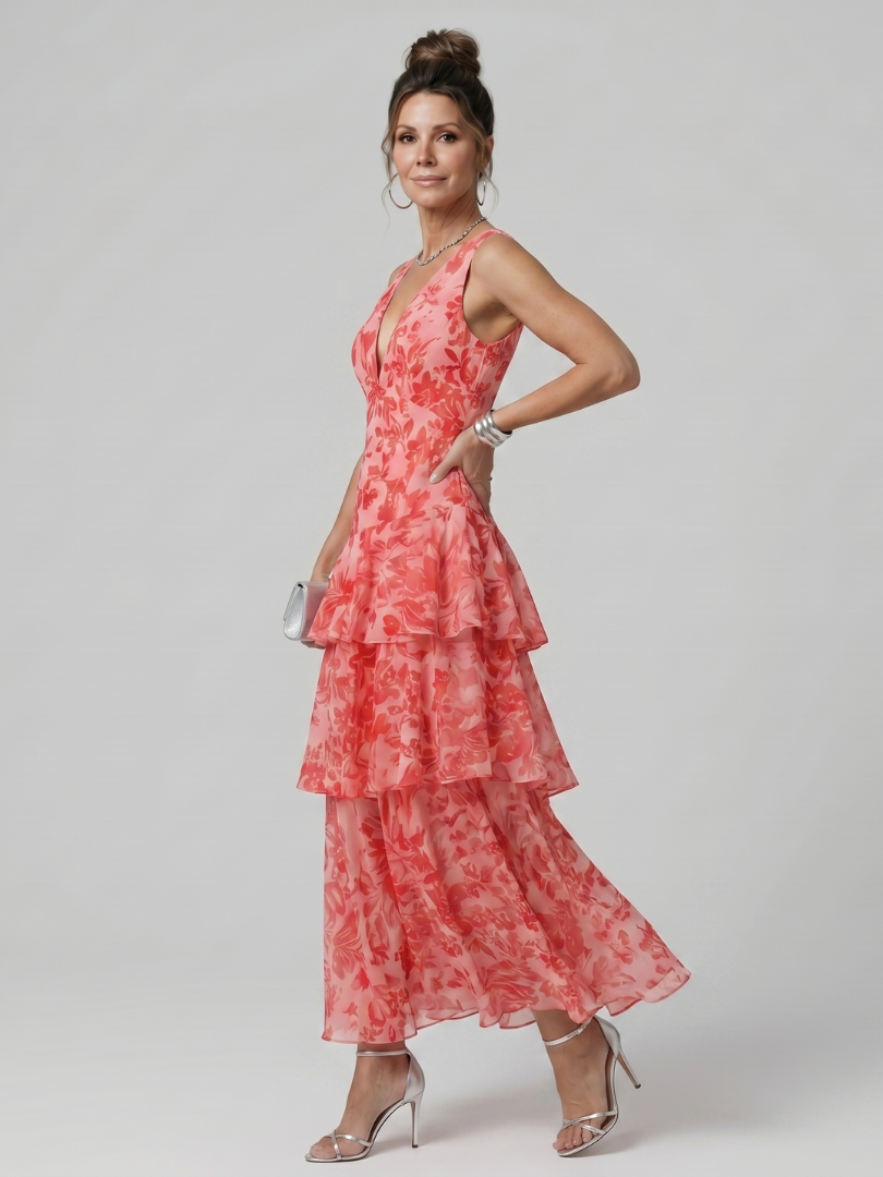 Gala | Robe Midi sans Manches à Décolleté en V Profond avec Motif Peint