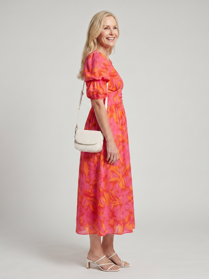 Zarelle | Robe Midi à Imprimé Floral Audacieux avec Manches Bouffantes en V