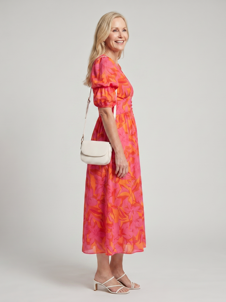 Zarelle | Robe Midi à Imprimé Floral Audacieux avec Manches Bouffantes en V