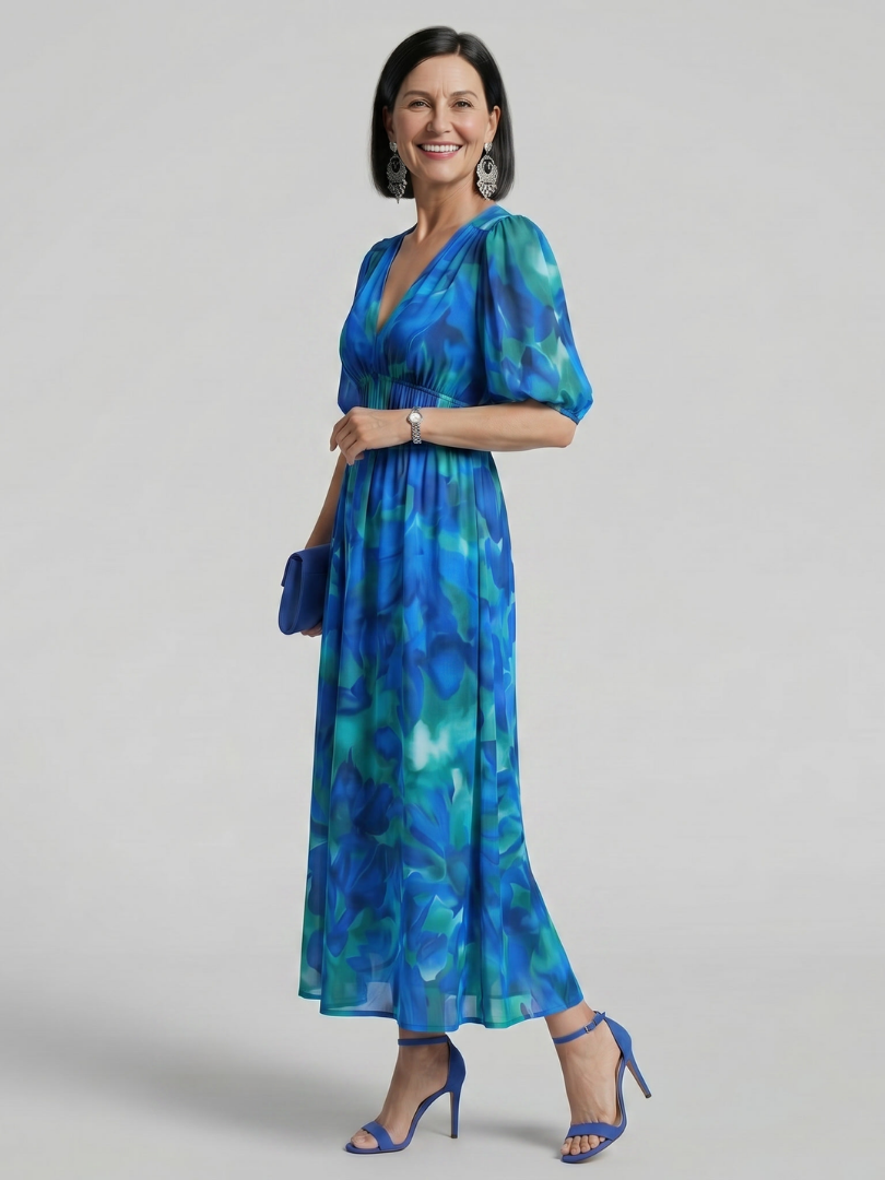 Candlia | Robe Midi à Manches Bouffantes et Imprimé Abstrait