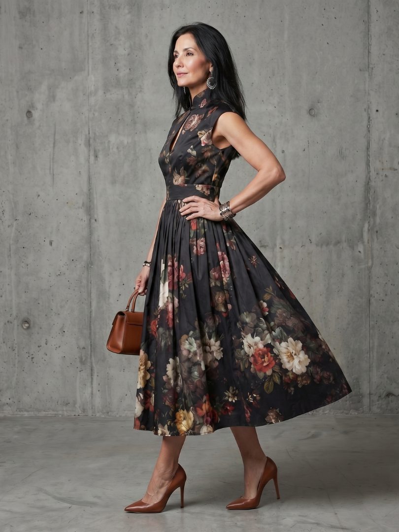 Greta | Robe Midi Plissée à Col Montant et Découpe Florale
