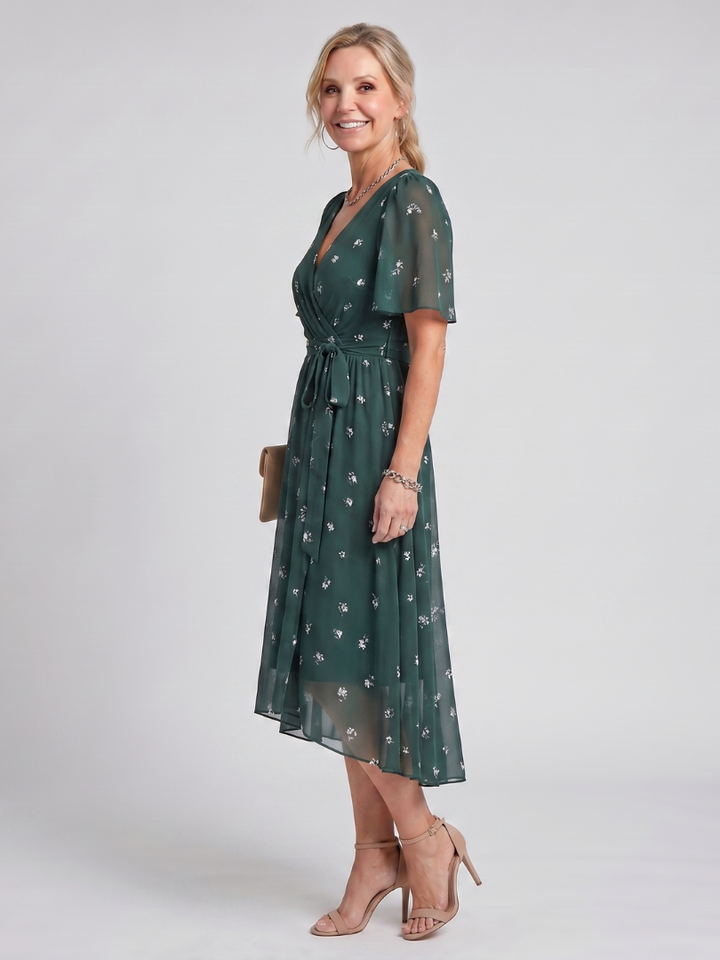 Mirabel | Robe midi à manches volantées et taille froncée avec imprimé floral