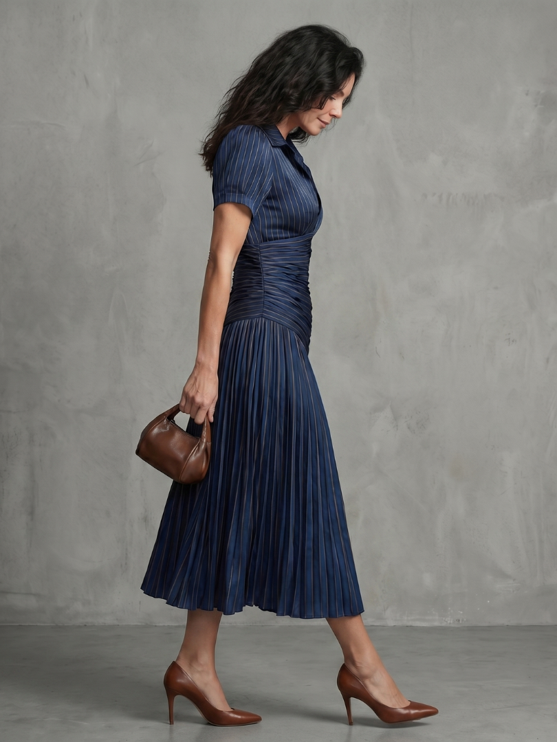 Theodora | Robe Midi Rayée avec Taille Plissée