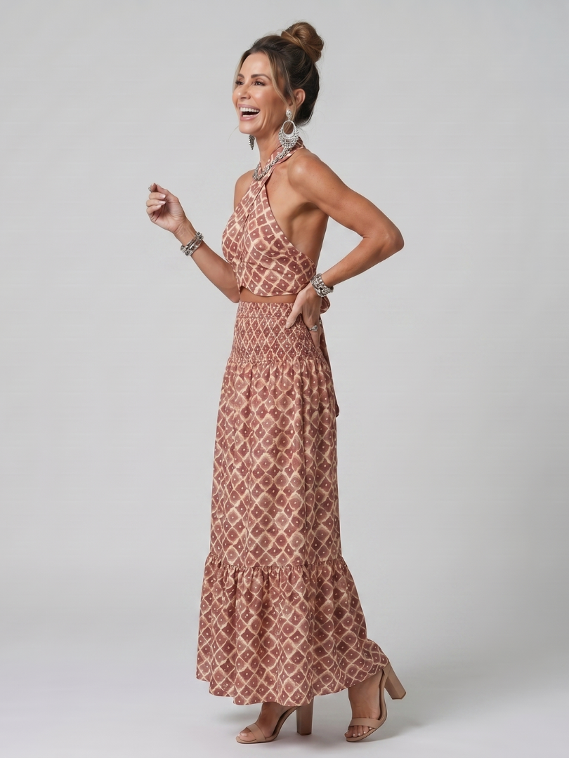 Amira | Robe Midi à Découpe en Imprimé Géométrique avec Col Croisé