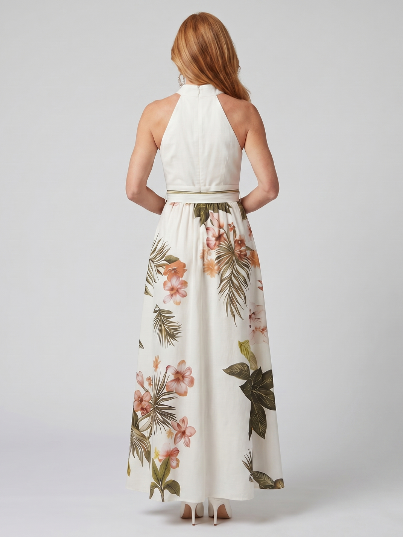 Meadow | Robe Maxi à Panneaux Botaniques à Col Halter Drapé
