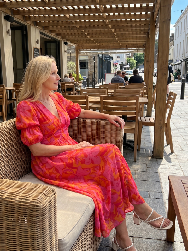 Zarelle | Robe Midi à Imprimé Floral Audacieux avec Manches Bouffantes en V