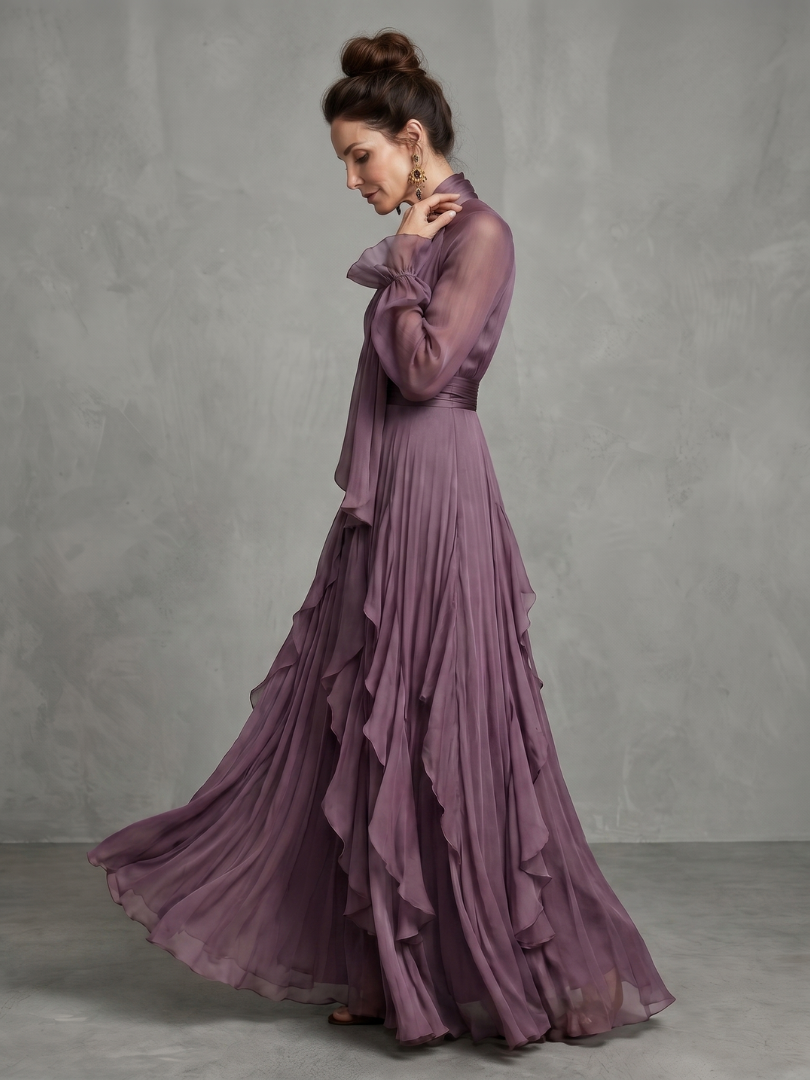 Demetria | Robe Maxi à Col Nœud et Volants
