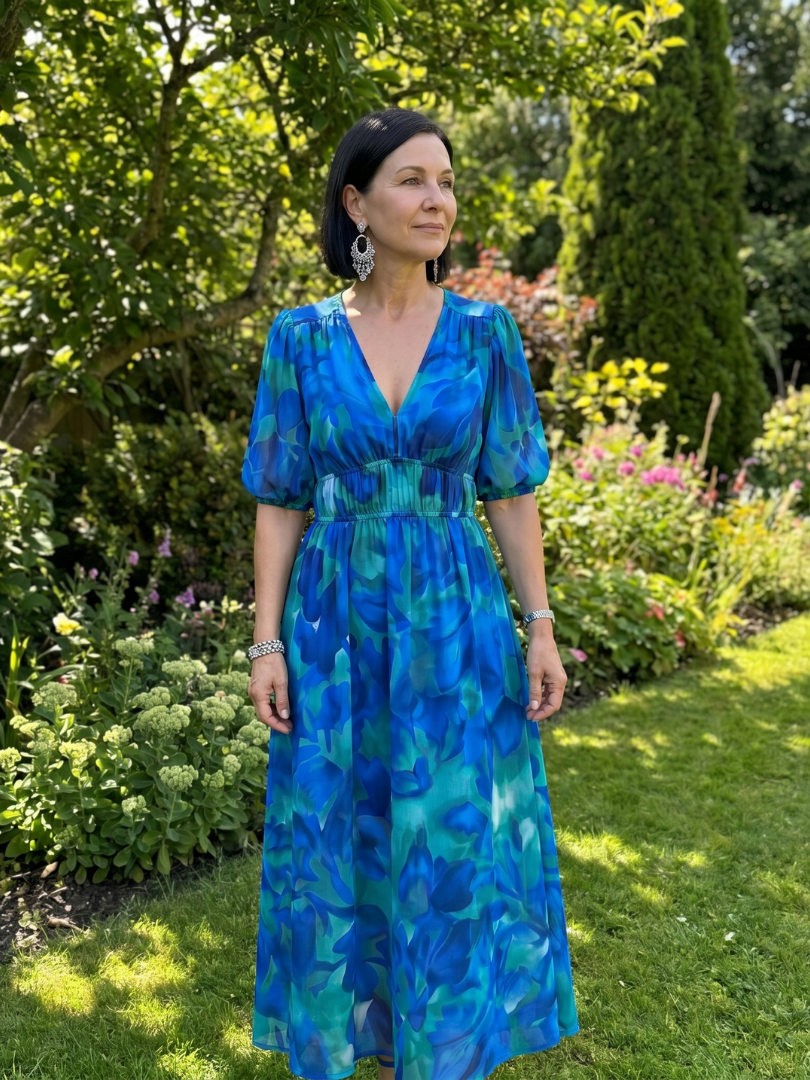 Candlia | Robe Midi à Manches Bouffantes et Imprimé Abstrait