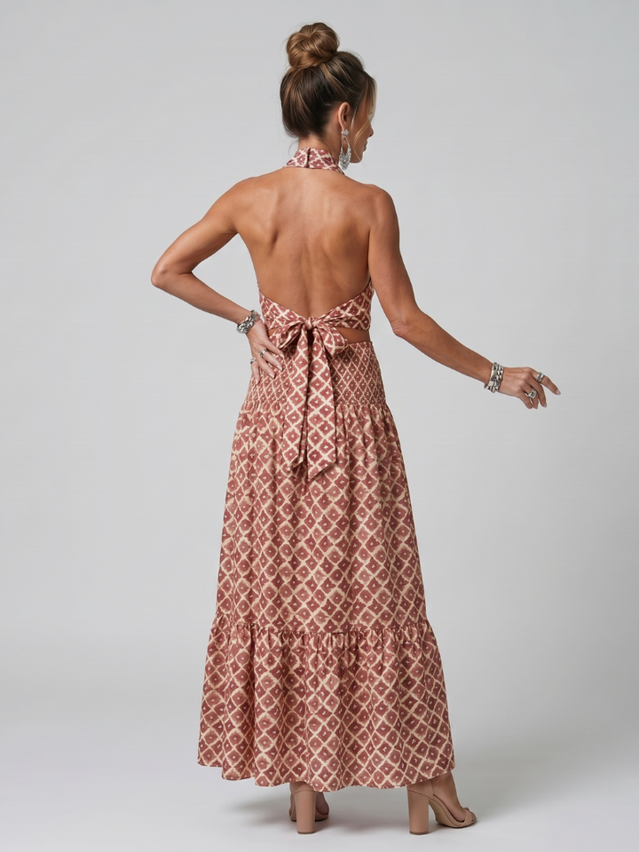 Amira | Robe Midi à Découpe en Imprimé Géométrique avec Col Croisé