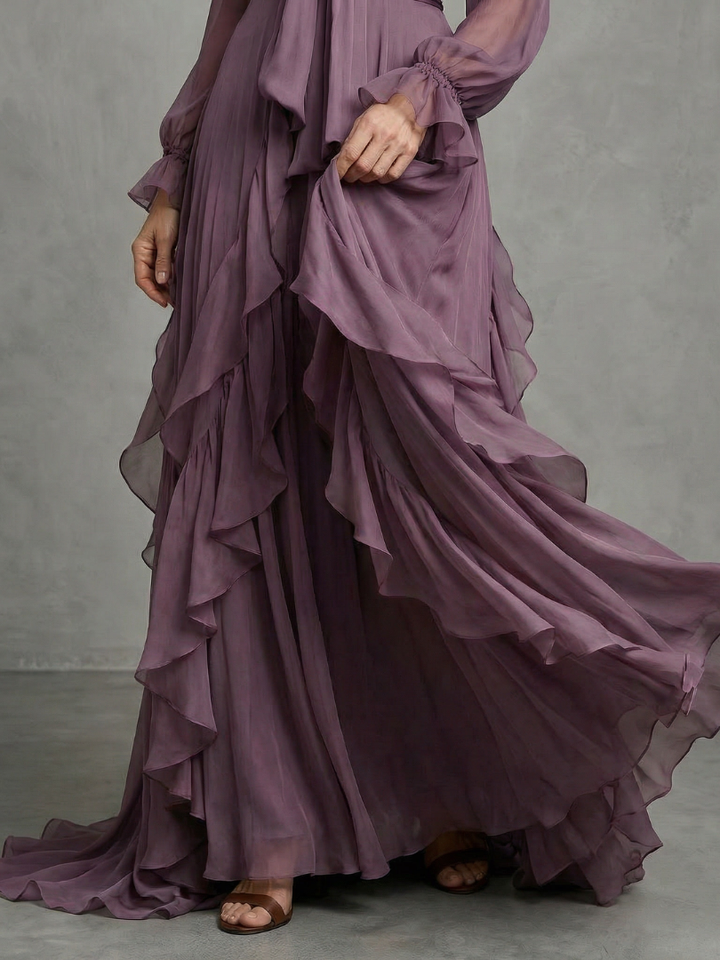 Demetria | Robe Maxi à Col Nœud et Volants