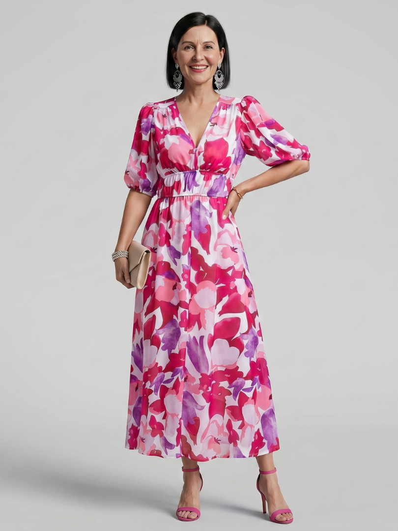 Candlia | Robe Midi à Manches Bouffantes et Imprimé Abstrait