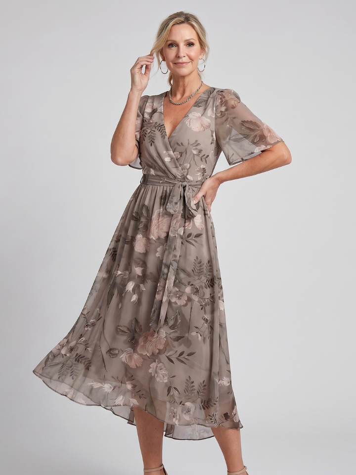 Mirabel | Robe midi à manches volantées et taille froncée avec imprimé floral