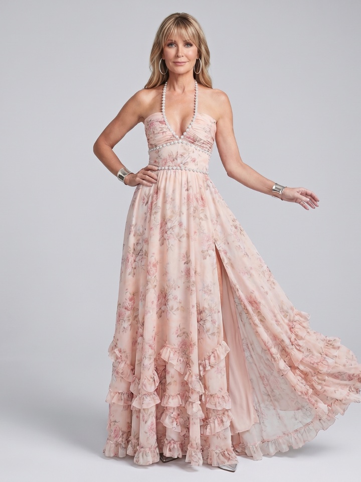 Alessia | Robe Maxi à Bretelles Halter en Fleurs Brodées