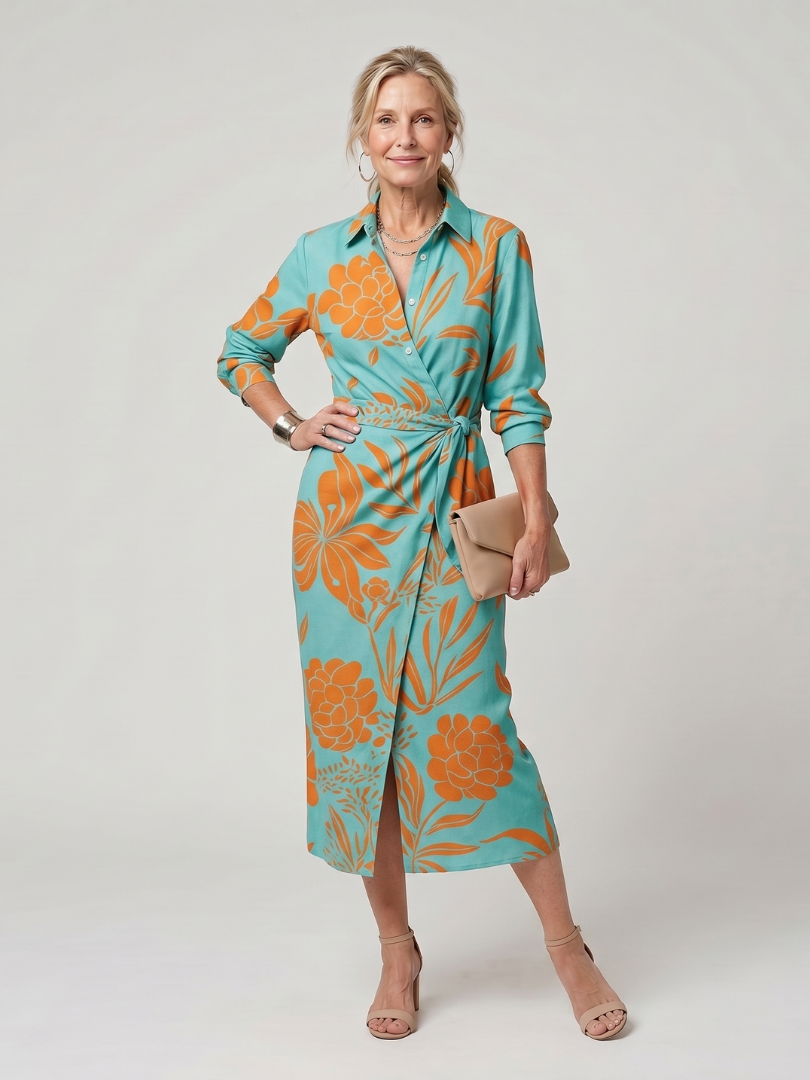 Leya | Robe midi à manches longues avec col et motif rayé
