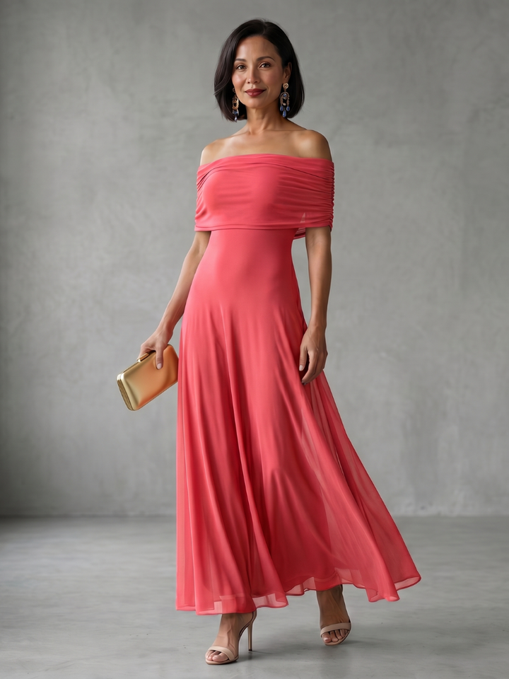 Juin | Robe Midi Drapée à Épaules Dénudées