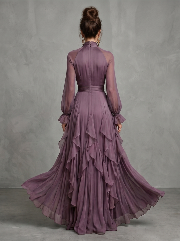 Demetria | Robe Maxi à Col Nœud et Volants