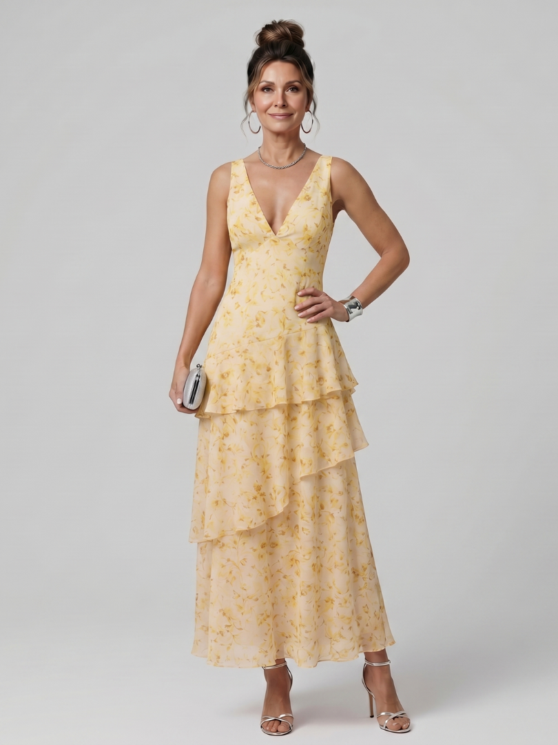 Gala | Robe Midi sans Manches à Décolleté en V Profond avec Motif Peint