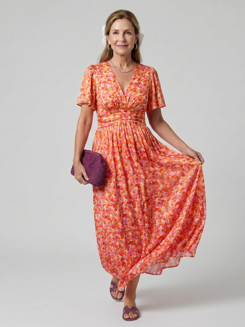 Juna | Robe midi à manches courtes avec imprimé floral délicat