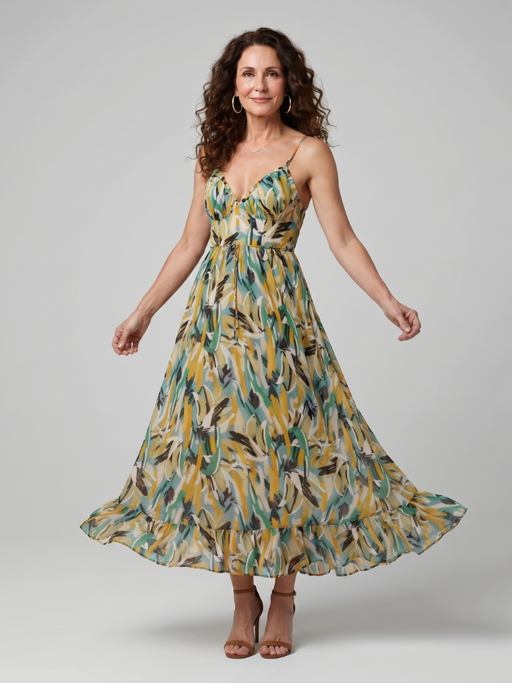 Quill | Robe Midi à Bretelles Spaghetti Imprimé Abstrait